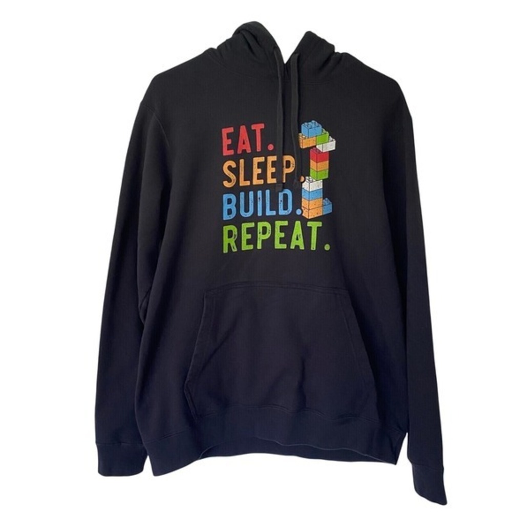 Eat Sleep Build Repeat LEGO Style Graphic Hoodie‎ Black Medium - Picture 2 of 6